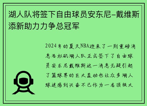 湖人队将签下自由球员安东尼-戴维斯添新助力力争总冠军