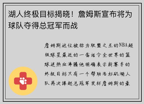 湖人终极目标揭晓！詹姆斯宣布将为球队夺得总冠军而战